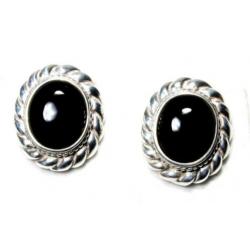 Schitterend Paar Vintage Ovale Onyx & 925 Zilver Oorbellen