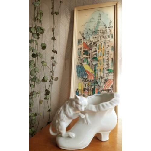 Vintage kitsche bloempot retro wit steen stenen laars poes