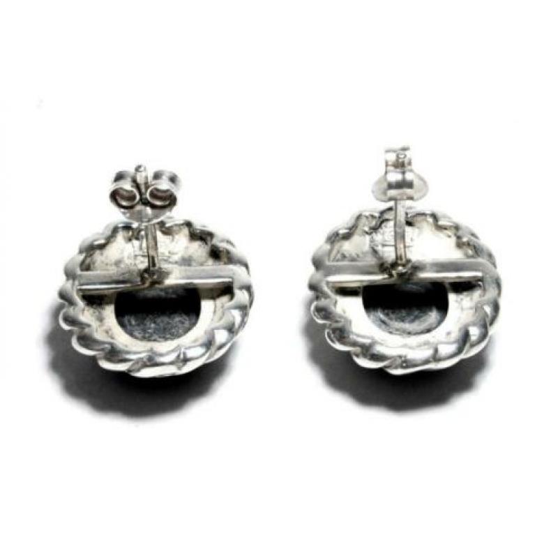 Schitterend Paar Vintage Ovale Onyx & 925 Zilver Oorbellen