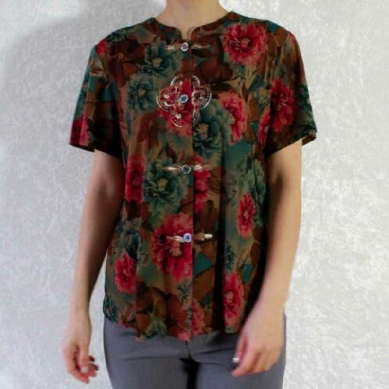 Vintage blauw bruin blouse roze bloem