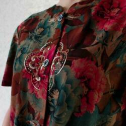 Vintage blauw bruin blouse roze bloem
