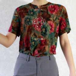 Vintage blauw bruin blouse roze bloem