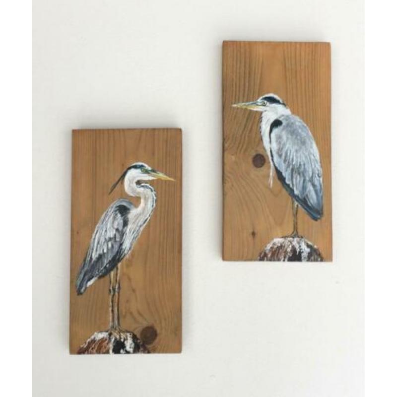 Handgeschilderd schilderij 2x Reiger op steigerhout