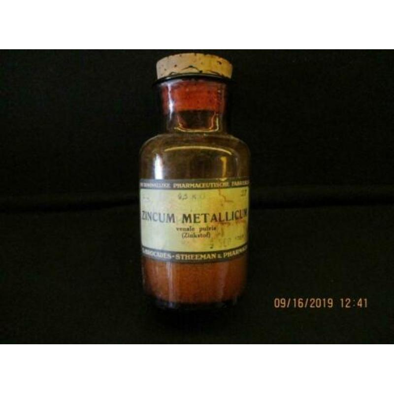B-342 Medisch antiek, bruine apotheekfles Zincum Metallicum