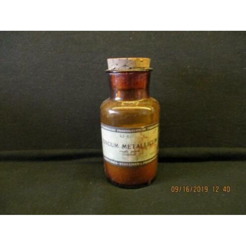 B-342 Medisch antiek, bruine apotheekfles Zincum Metallicum