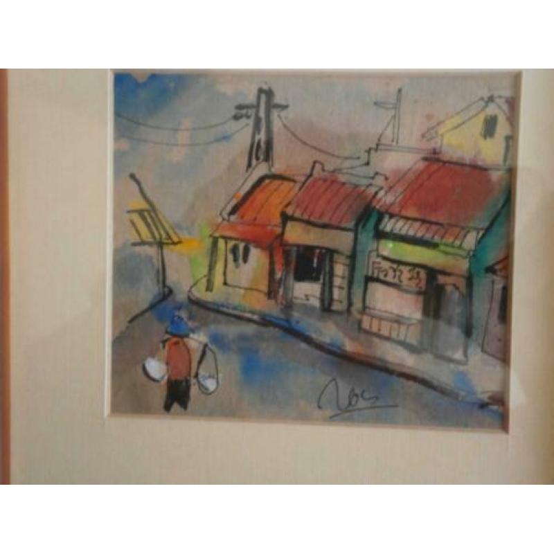 2 Vietnamese Aquarellen /Krijtek. in Mooie lijstjes