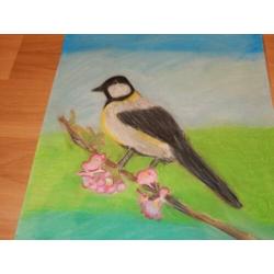 Kunst Tekening “Lentevogel” MEdO. Softpastel, te koop.