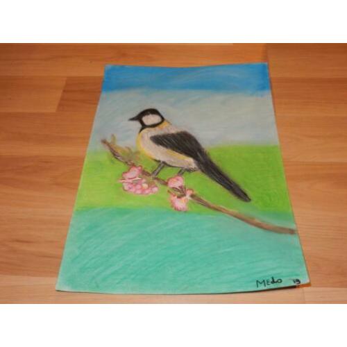 Kunst Tekening “Lentevogel” MEdO. Softpastel, te koop.