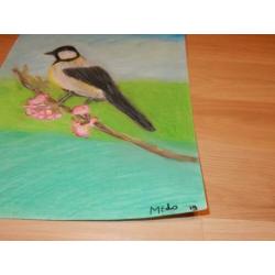 Kunst Tekening “Lentevogel” MEdO. Softpastel, te koop.