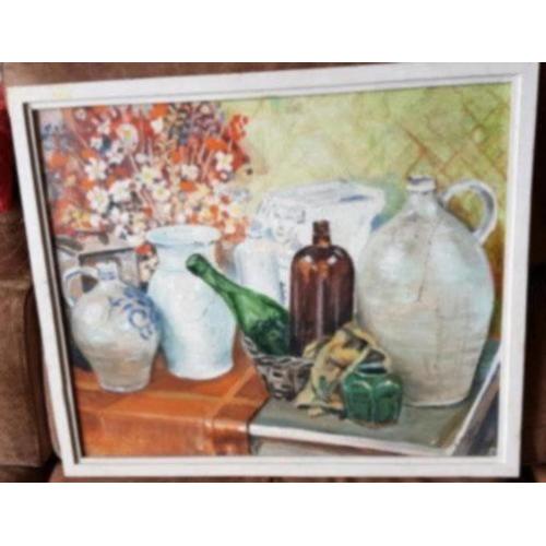 Olieverf schilderij stilleven met kruiken en vazen v. Beem
