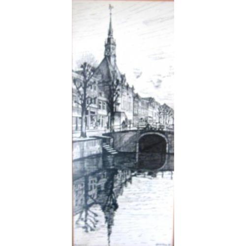 Gerrit Neven(1939) Pentekening"Kerk en brug Schoonhoven"Ges