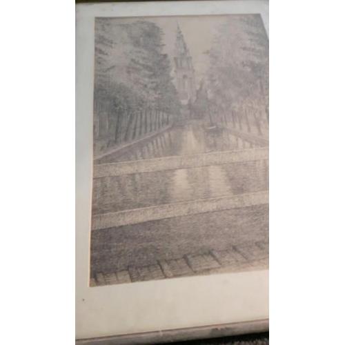 Kerktoren aan gracht, gesigneerd A.Bisek 1943