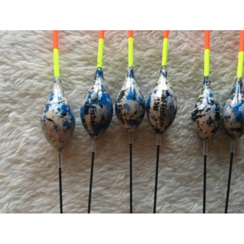 adv 116 / NIEUW serie 10 dobbers = 5 gewichten BOBI FISHER