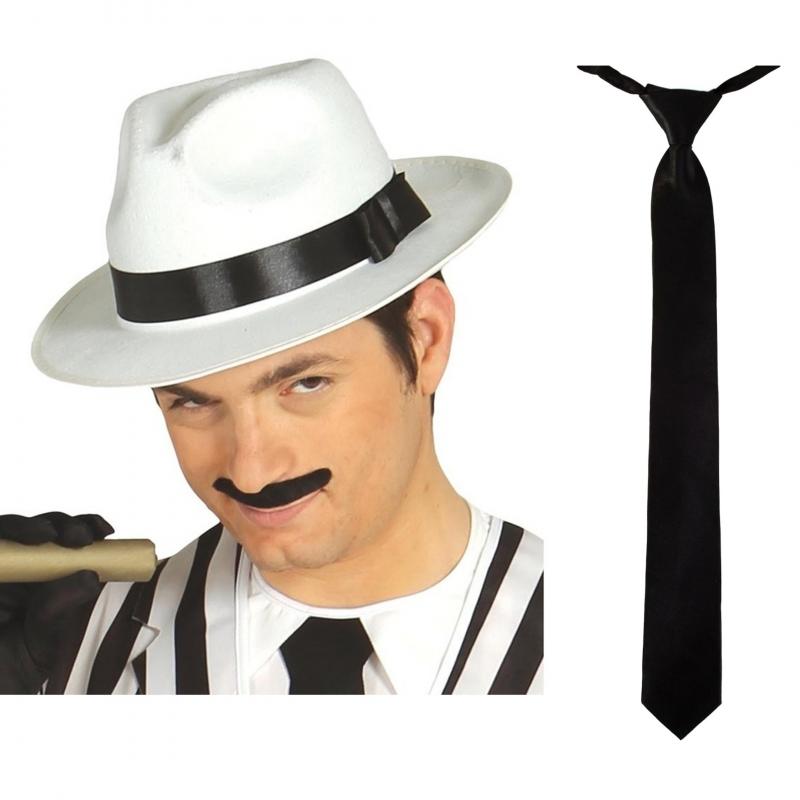 Carnaval verkleed set compleet - gangster/maffia hoedje met stropdas - wit/zwart - volwassenen